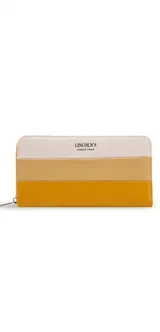 Billetera rectangular con cierre de cremallera, confeccionada en símil cuero con franjas horizontales en tonos blanco, gris y negro.