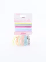 Pack de 16 coleros de pelo, con elástico forrado en tela y espiralados de plástico.
