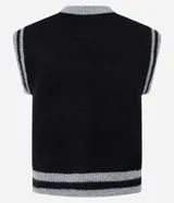 Chaleco corto de punto negro con cuello redondo y rayas en gris. Estampa frontal con la palabra "Funky" en gris y blanco.