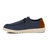 Zapato casual de hombre color azul marino con detalles marrones en el talón y cordones negros.