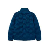 Campera puffer azul con cierre frontal, cuello alto y logo de la marca bordado en el pecho.