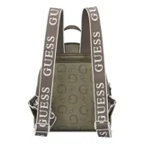 Mochila pequeña color verde oliva con estampado del logo de la marca en todo el bolso. Tiene un bolsillo frontal con cierre, asa de mano y correas ajustables con el nombre de la marca.