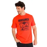 Remera de hombre color naranja con estampado frontal con el logo de Caterpillar y la leyenda "1904 Years of Quality Service".