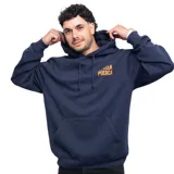 Canguro azul marino con capucha y bolsillo delantero. Estampado en el pecho con el logo de la banda La Vela Puerca en color naranja.