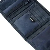 Billetera de tela azul con diseño de rayas en tonos naranja y amarillo, con logo de Rip Curl.