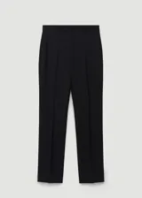 Pantalón de vestir negro de corte recto, tiro alto, con trabillas, bolsillos laterales y traseros.