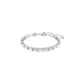Pulsera rígida plateada con cierre de mosquetón, adornada con circonitas blancas talla baguette.