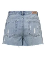 Short pollera de jean celeste con efecto lavado y detalles rotos.