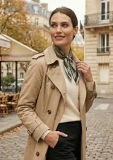 Pañuelo cuadrado de satén color verde oliva con estampado de arabescos en blanco y negro.