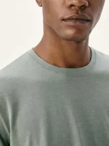 Camiseta básica de manga corta, cuello redondo y calce regular, color rojo jaspeado.