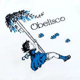 Remera de fit clásico en algodón color crudo, con serigrafía de un niño balanceándose y detalles en cuello y puños negros.