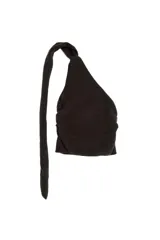 Top asimétrico de punto color gris oscuro, con diseño de un solo hombro y cuello alto tipo bufanda.