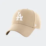 Gorro de béisbol color beige con logo de los Dodgers bordado en blanco en el frente y logo de la marca 47 en el lateral.