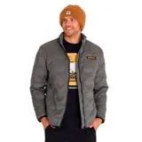 Campera gris con cierre frontal, bolsillos laterales y logo de Caterpillar en el pecho. Resistente al agua y al viento, con aislamiento reciclado.