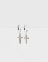 Aros tipo argolla bañados en plata, con dije de cruz con strass.
