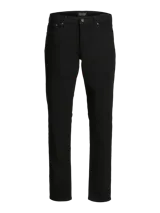 Jean negro de corte tapered, con cinco bolsillos y cierre con botón.