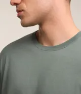 Remera de hombre color verde grisáceo, de manga corta y cuello redondo, confeccionada en algodón peruano.