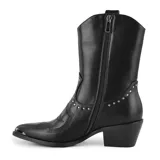 Bota corta de cuero sintético color marrón, con punta fina y taco bajo. Presenta detalles de costuras y tachas metálicas.