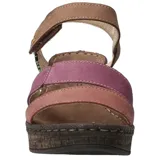 Sandalias de cuero con plataforma y taco de 6 cm. Tiras de cuero color marrón, naranja y amarillo.