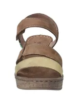 Sandalias de cuero con plataforma y taco de 6 cm. Tiras de cuero color marrón, naranja y amarillo.