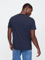 Remera de hombre a rayas horizontales azul marino y celeste, de corte recto y manga corta.