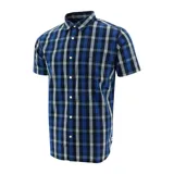 Camisa de hombre a cuadros azules, negros y blancos, de manga corta y corte clásico.