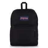 Mochila negra JanSport Superbreak Plus con compartimento interno para laptop y bolsillo lateral para botella.