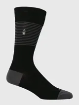 Calcetines largos negros con rayas horizontales grises en la parte superior y logo de Hush Puppies bordado.