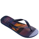 Sandalias Havaianas Hype con diseño de paisaje playero al atardecer en tonos azul, naranja y amarillo.