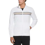 Buzo deportivo blanco con cierre frontal completo, cuello alto y bolsillos laterales con cierre. Presenta una banda horizontal con rayas en tonos beige, azul marino y dorado a la altura del pecho.