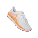 Championes de running blancos con detalles en naranja, amarillo y rosa.