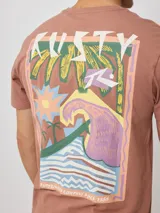 Remera amarilla de algodón con estampado del logo de la marca Rusty en el frente y en la espalda.