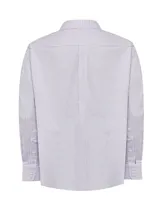 Camisa de vestir a rayas verticales celestes y blancas, de corte regular, con cuello italiano, manga larga y bolsillo en el pecho con logo bordado.