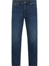 Pantalón de jean azul de corte recto, con efecto desgastado, diseño de cinco bolsillos y cierre de botón y cremallera.