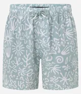 Bermuda de baño masculina de microfibra color celeste pálido con estampado abstracto orgánico en blanco. Presenta cintura elástica con cordón ajustable y bolsillos funcionales.