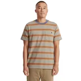 Remera manga corta con cuello redondo y bolsillo en el pecho, con diseño a rayas horizontales en tonos beige y naranja.