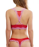 Bralette de malla transparente color celeste con ribete de encaje y espalda cruzada.