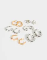 Set de seis pares de aros tipo argolla en diferentes tamaños y acabados: plateado, dorado y plateado texturizado.