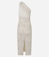 Vestido midi color crema con estampado abstracto en tonos grises, con escote asimétrico de un hombro y corte ajustado.