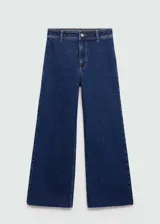 Pantalón de jean azul oscuro, de corte culotte, tiro alto y bajo deshilachado. Con cierre de cremallera y botón, trabillas y bolsillos traseros. Tejido elástico de algodón estilo tejano vaquero.