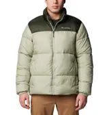 Campera puffer negra con cierre frontal y cuello alto. Logo de Columbia bordado en blanco en el pecho.
