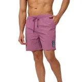 Short de baño color coral con cintura elástica ajustable con cordón y logo estampado en la pierna izquierda.