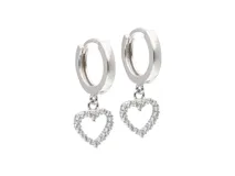 Par de caravanas de plata 925 con aros tipo argolla y dije colgante de corazón con circonias.