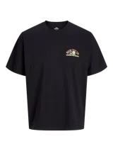 Camiseta negra de manga corta y cuello redondo con fit holgado. Estampa pequeña en el pecho con texto "Book You Up! Originals From Business".