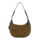 Cartera bandolera Guess color verde oliva, de tamaño mediano, con correa ajustable y logo de la marca en el frente.
