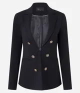 Blazer negro de punto roma con cuello solapa, cierre con ganchos, botones delanteros y forro de poliéster.