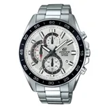 Reloj Casio Edifice plateado con bisel negro y detalles en marrón y rojo.