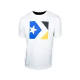 Remera blanca de algodón con cuello redondo y manga corta. Estampado frontal con el logo de Converse Star Chevron en azul, negro y amarillo.