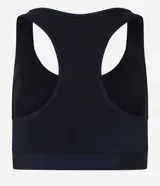 Top deportivo negro de microfibra con espalda estilo nadador y friso contrastante blanco.