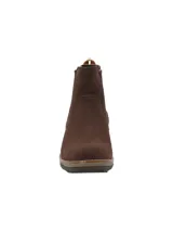 Botín de mujer RKF color marrón de gamuza, con elástico lateral y tirador trasero.